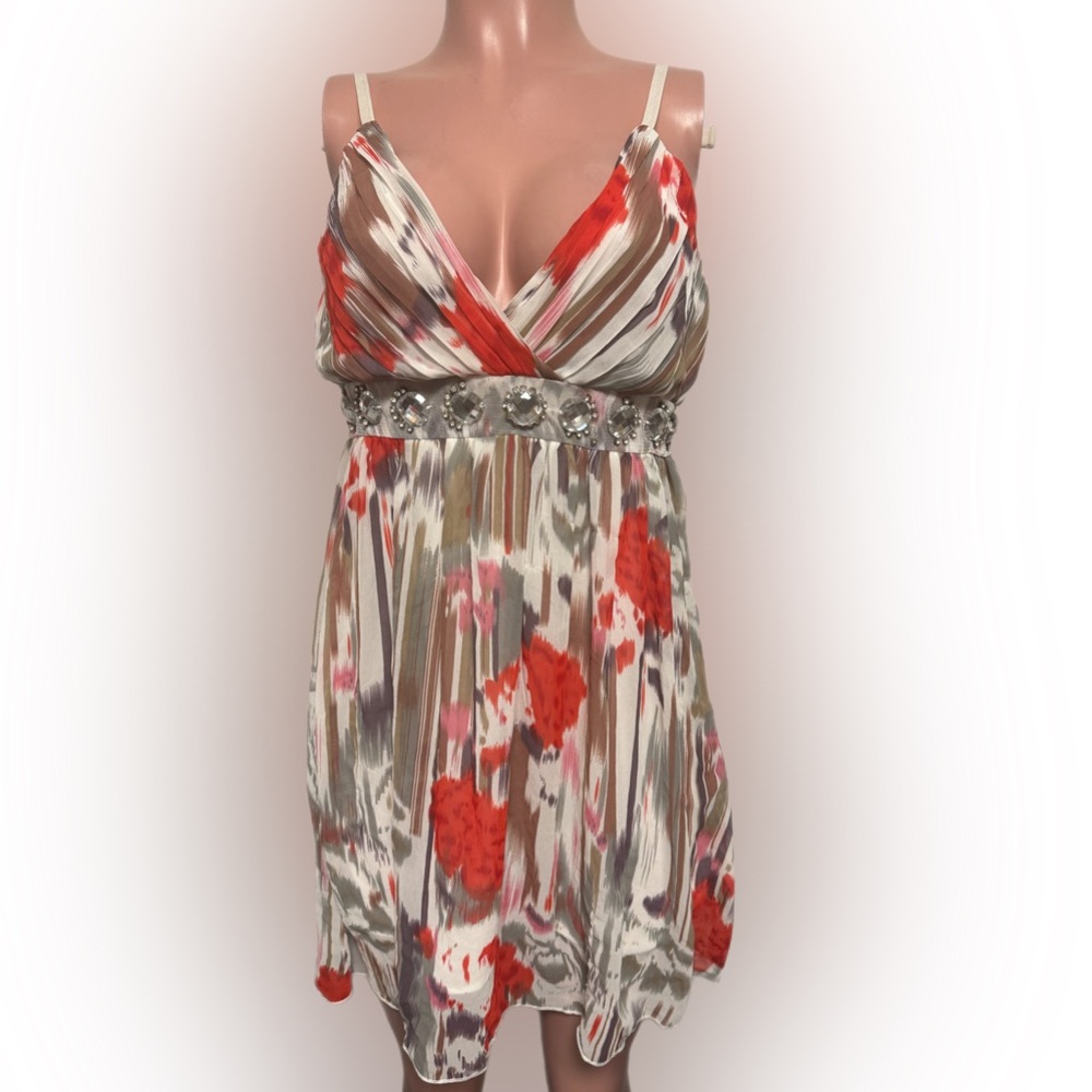 Sexy Red Floral Stone Embellished Empire Lined Poly Chiffon Cleavage Dress New